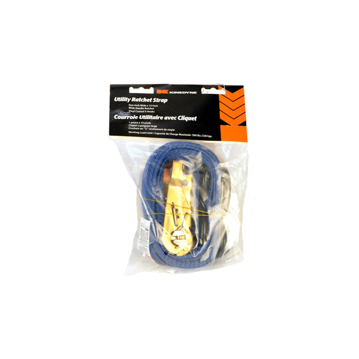 75152 Kinedyne Ratchet Strap, 1" X 15', 500 Lbs WLL, Vinyl Coated S-Hooks, 1"