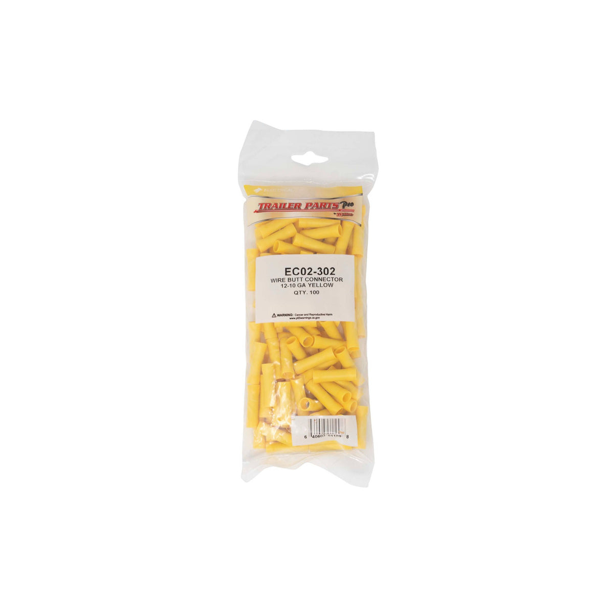 Trailer Parts Pro EC02-302 Vinyl Butt Connector, 12-10 Gauge, Yellow, Pkg/100